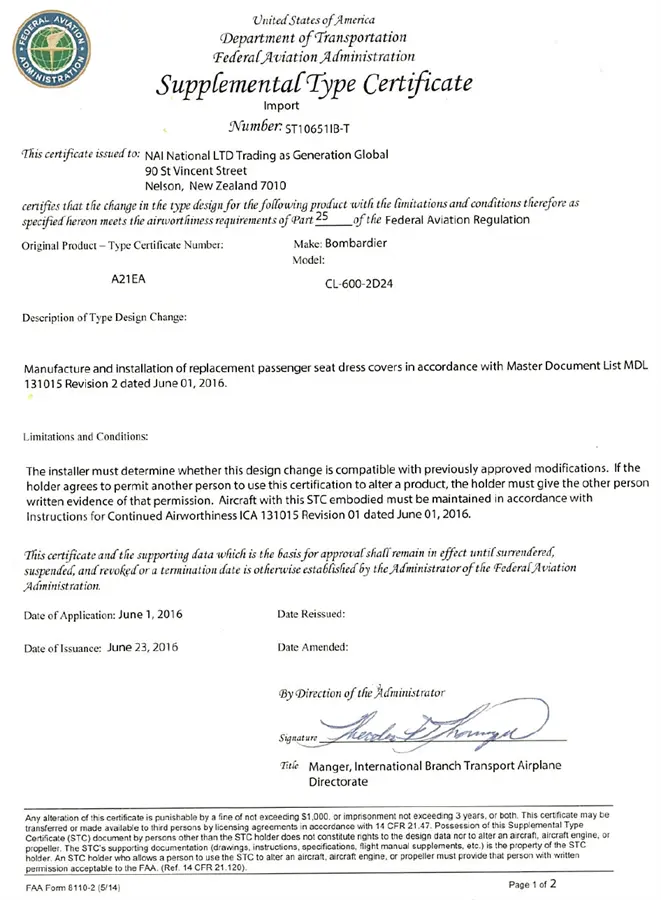 Passenger Seat Covers for CRJ 900 – Y Class, aviation leather, B/E Aerospace, FAA/EASA certified