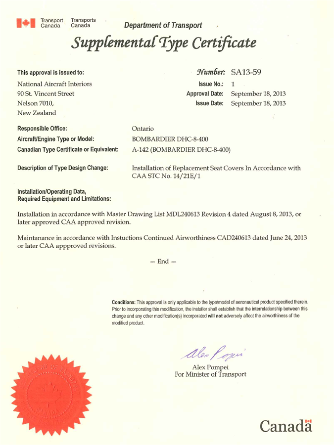 Grey leather seat headrest cover for Bombardier Q400 – designed for Captain/First Officer seats, OEM Goodrich, TCCA STC certified.