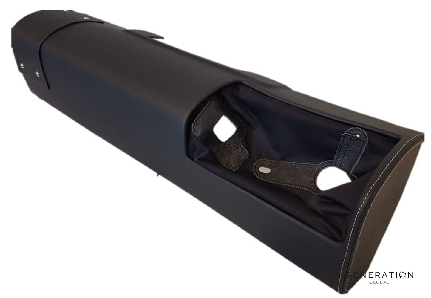 Pilot cyclic boot for MD/Hughes 369 and 500 helicopters with black stretch fabric, ABS surround, and leather‑reinforced holes.
