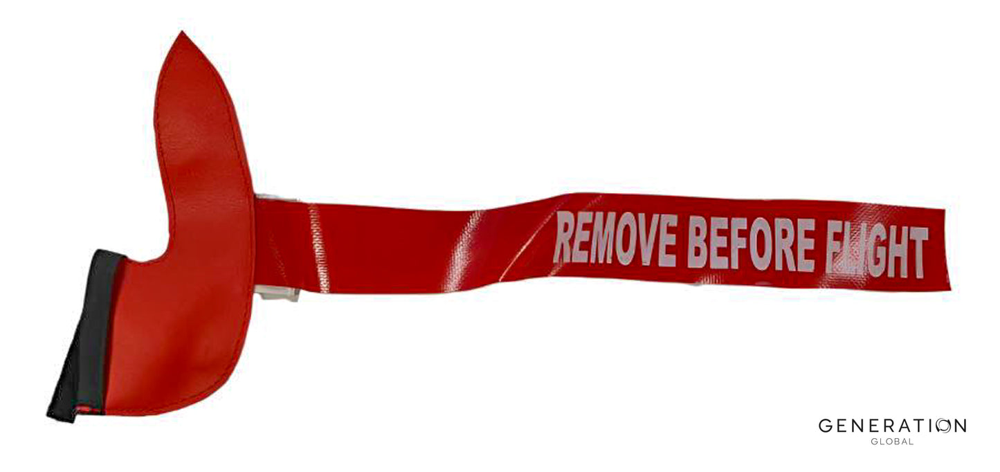 BK117 Pitot Cover – red vinyl with Velcro fastener and "Remove Before Flight" tag for aircraft safety and protection.