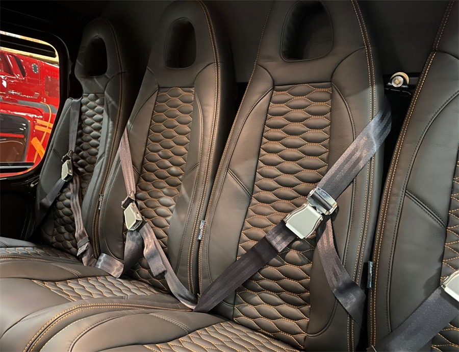 AS350/AS355/H125 executive rear passenger seat set with aviation-grade leather and Genlite foam, Generation III design for luxury helicopter interiors.