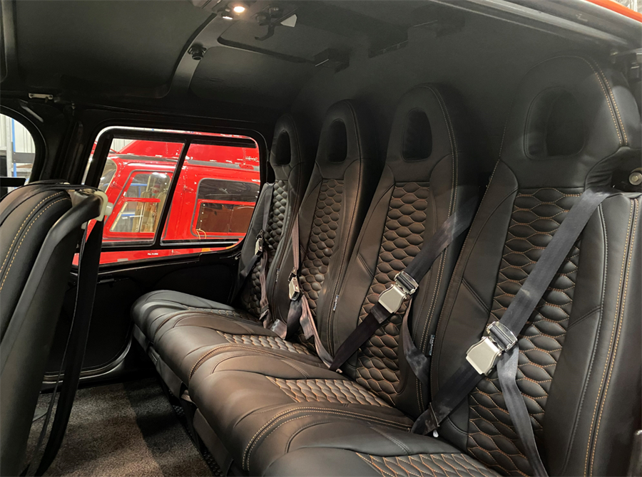 AS350/AS355/H125 executive rear passenger seat set with aviation-grade leather and Genlite foam, Generation III design for luxury helicopter interiors.
