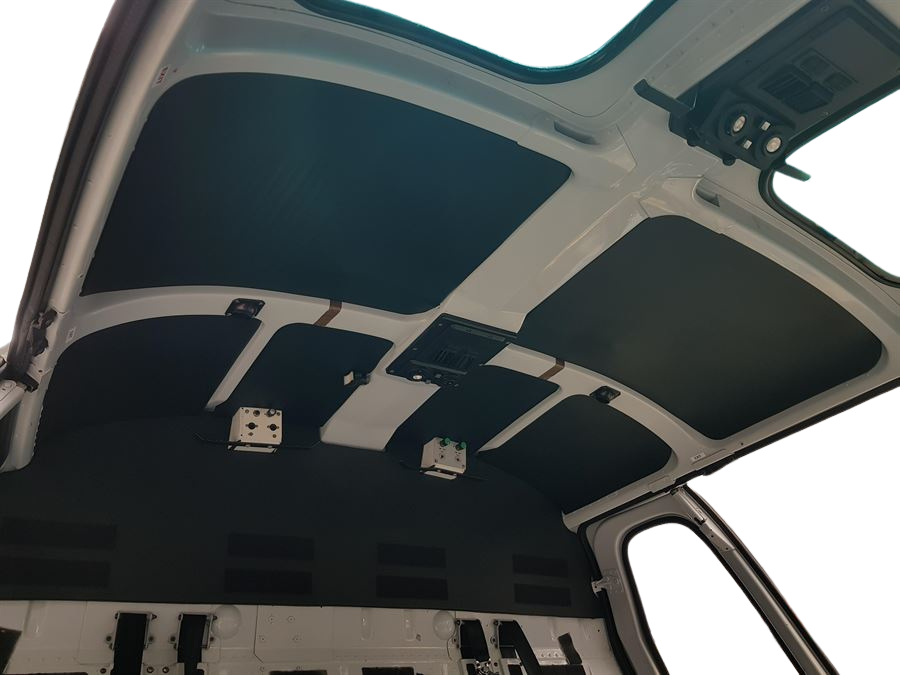 Vinyl headlining and bulkhead panel set for AS350 helicopters with OEM mike box cut-outs.