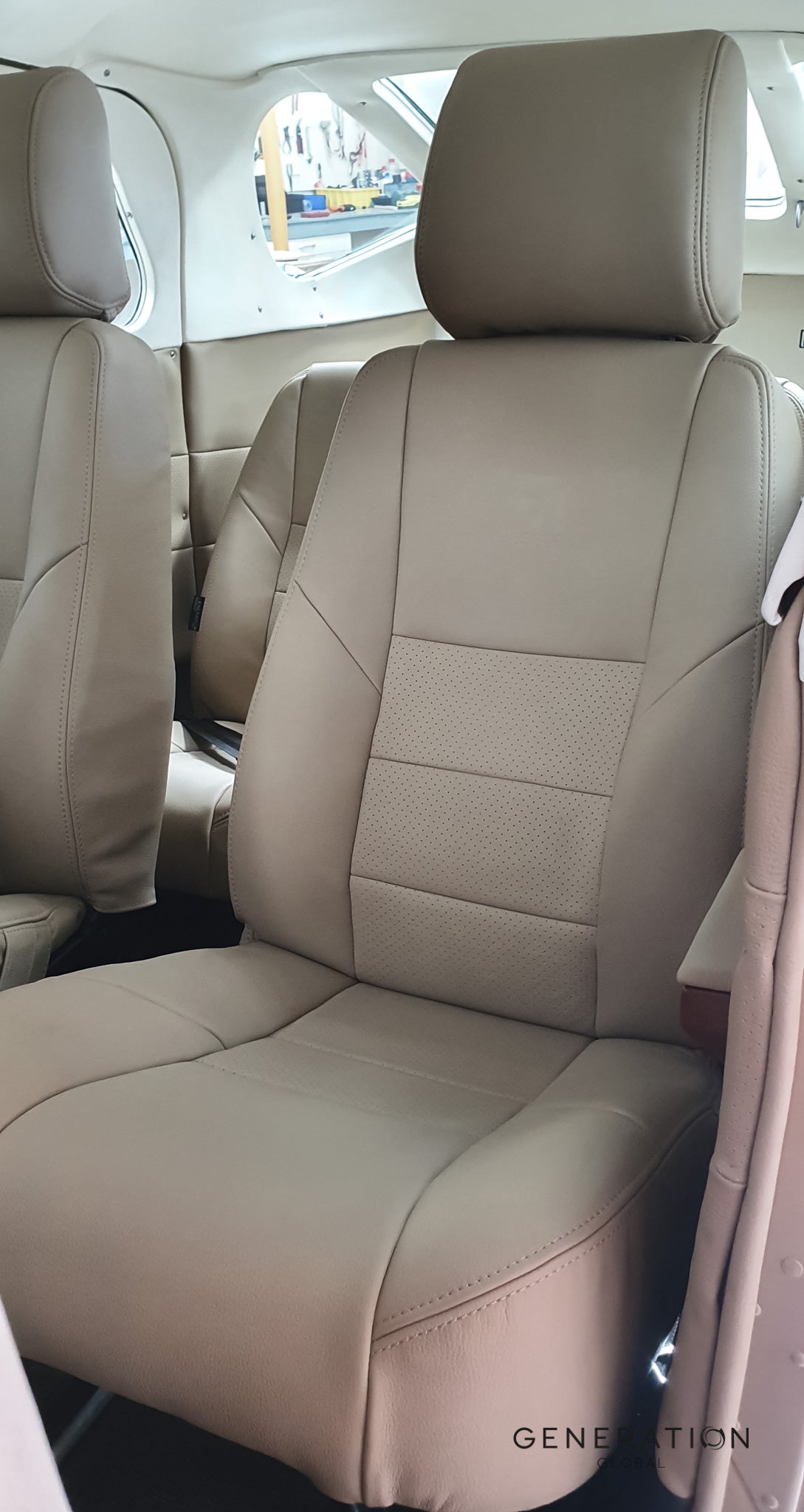 Cessna 206 Aircraft Interior leather seat upholstery with Genlite foam cushions and diaphragms.