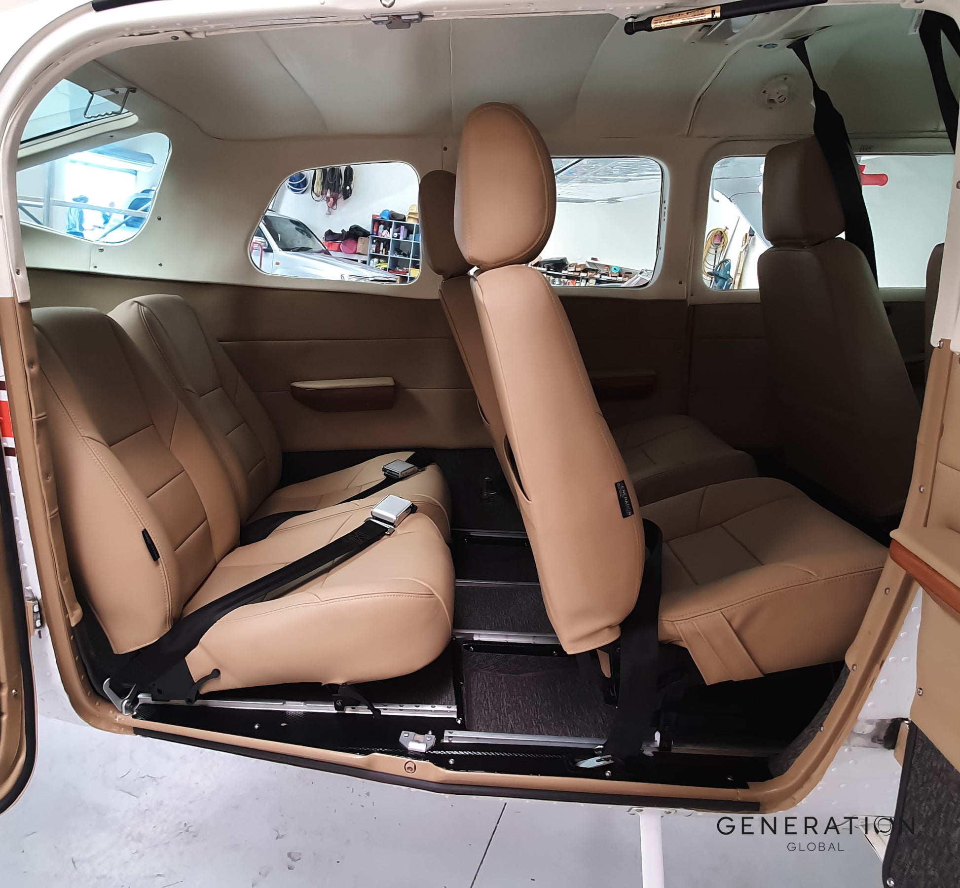 Cessna 206 Aircraft Interior leather seat upholstery with Genlite foam cushions and diaphragms.