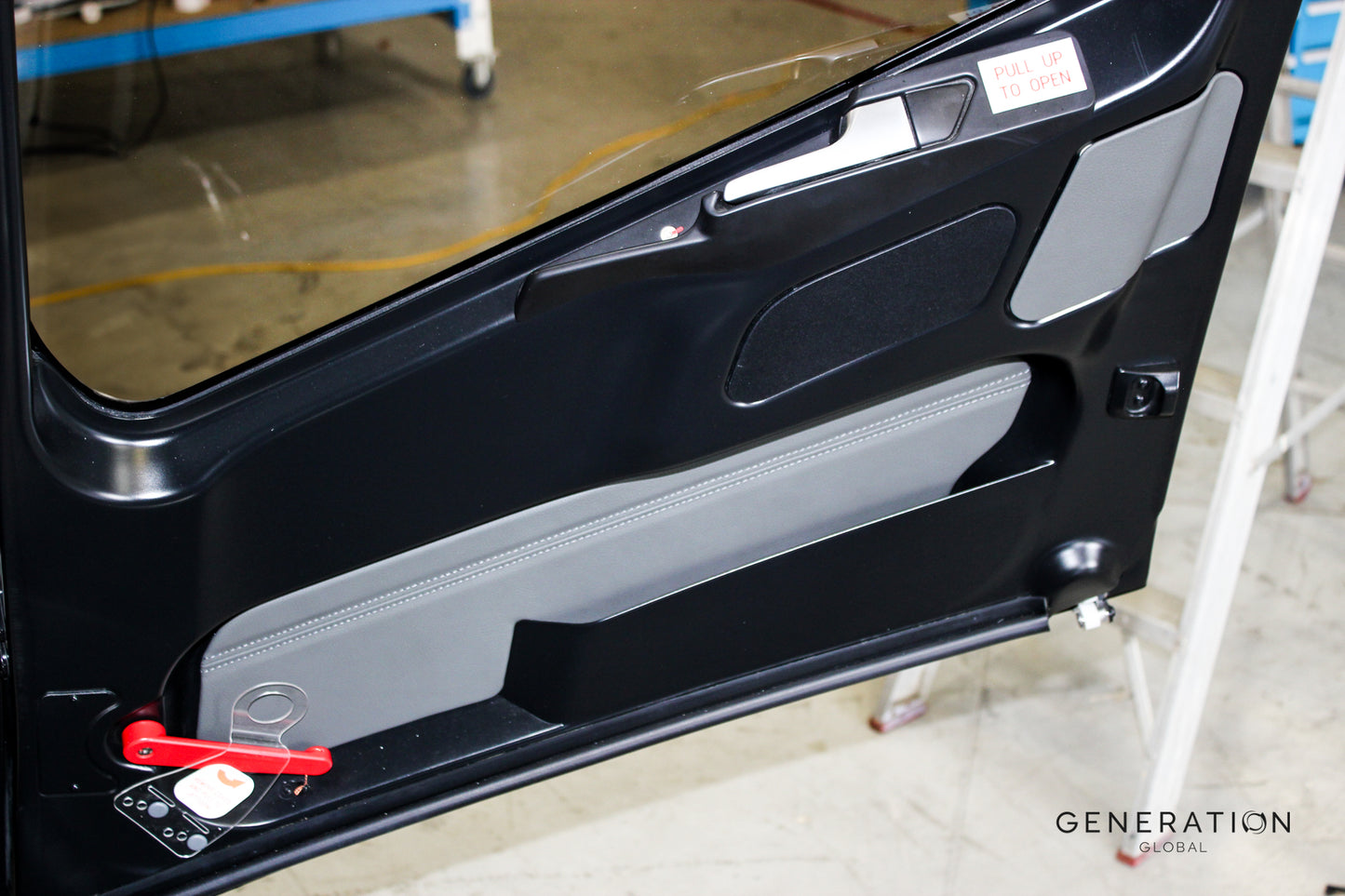 EC130 helicopter door panel inserts with leather trim and map pocket, set of 3, made from aviation-grade leather with decorative stitching.