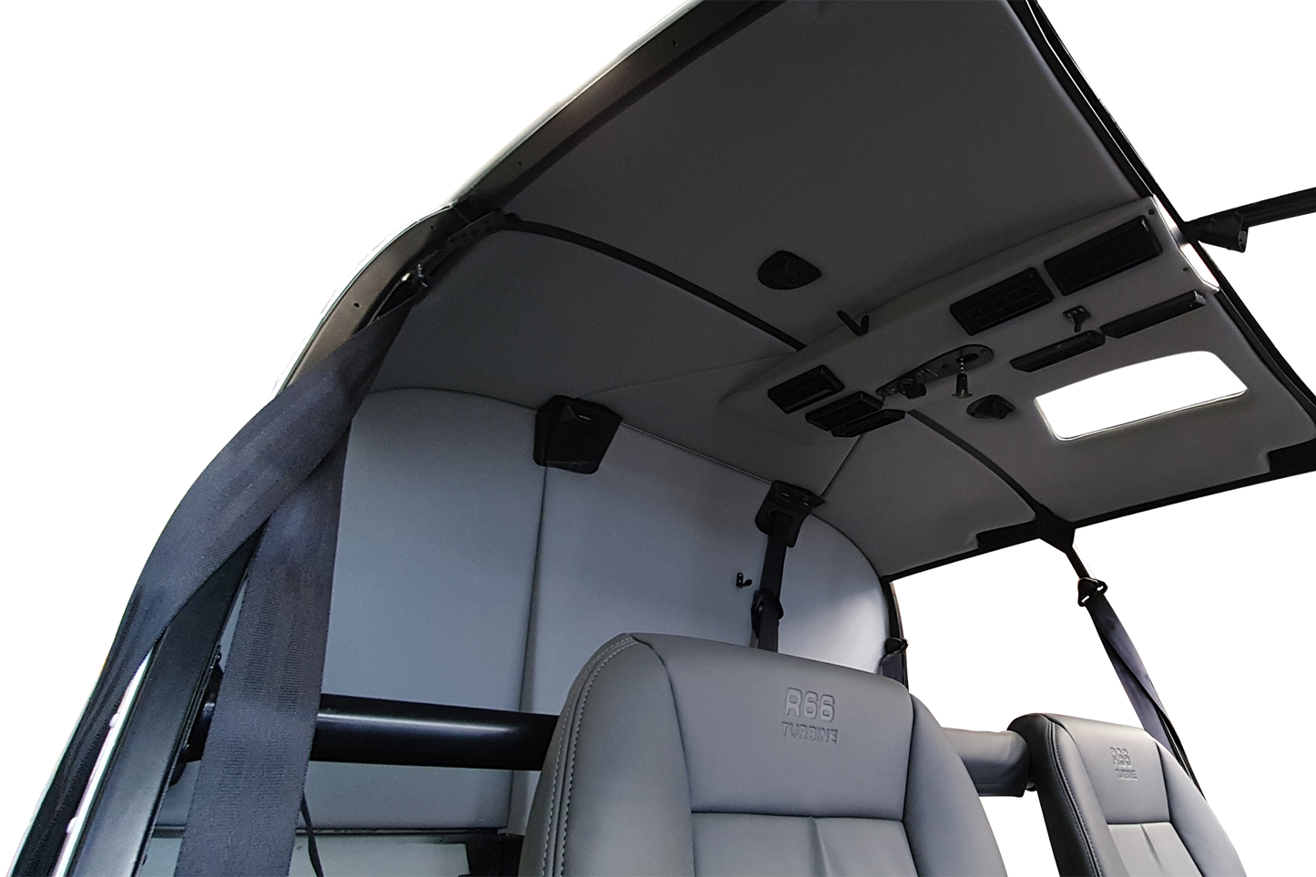 Robinson R66 aircraft bulkhead and headlining, custom fabric options