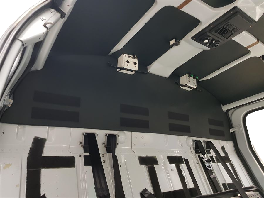 Vinyl headlining and bulkhead panel set for AS350 helicopters with OEM mike box cut-outs.