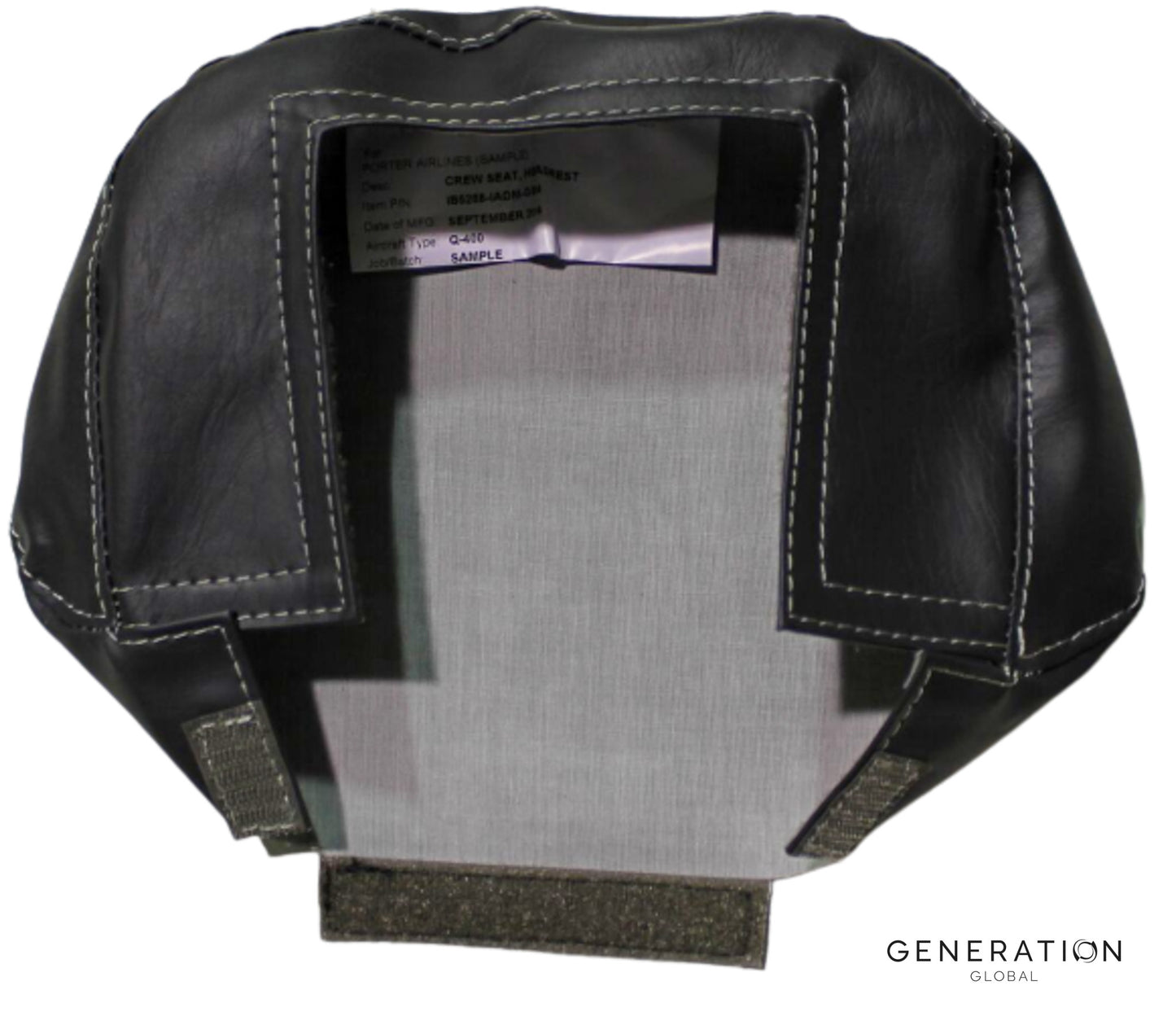 Grey leather seat headrest cover for Bombardier Q400 – designed for Captain/First Officer seats, OEM Goodrich, certified and aviation-grade.