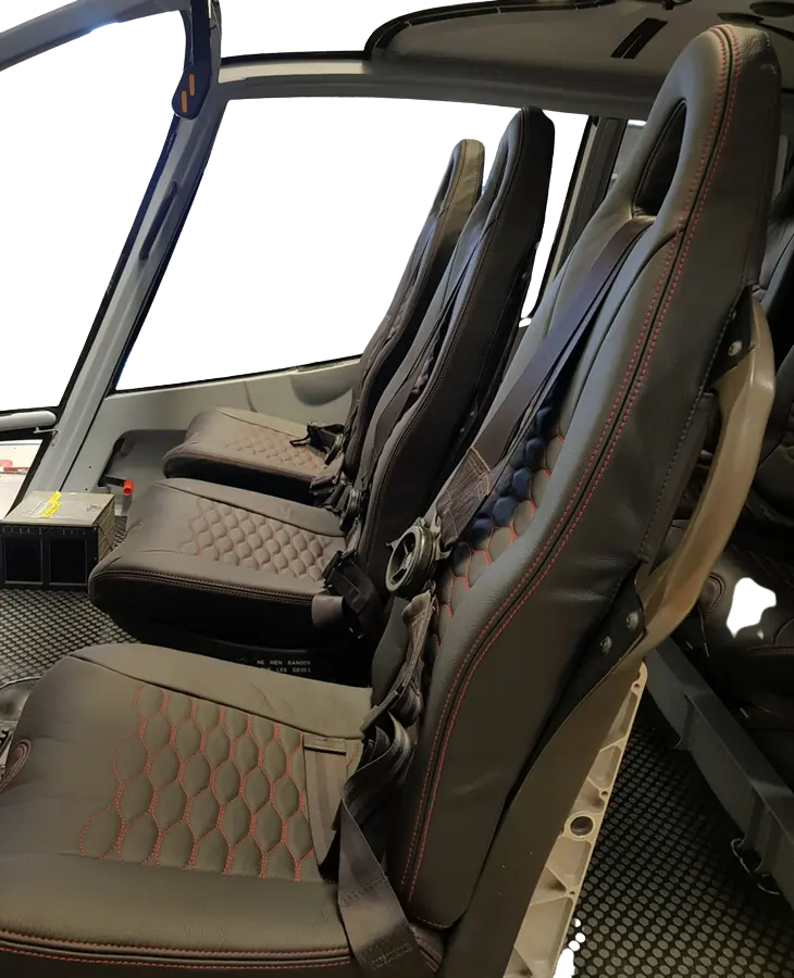 Airbus H130 crew/passenger seat covers for Sicma Aero Seats, split backrest and bottom design, aviation leather, shown fitted to OEM cushions.