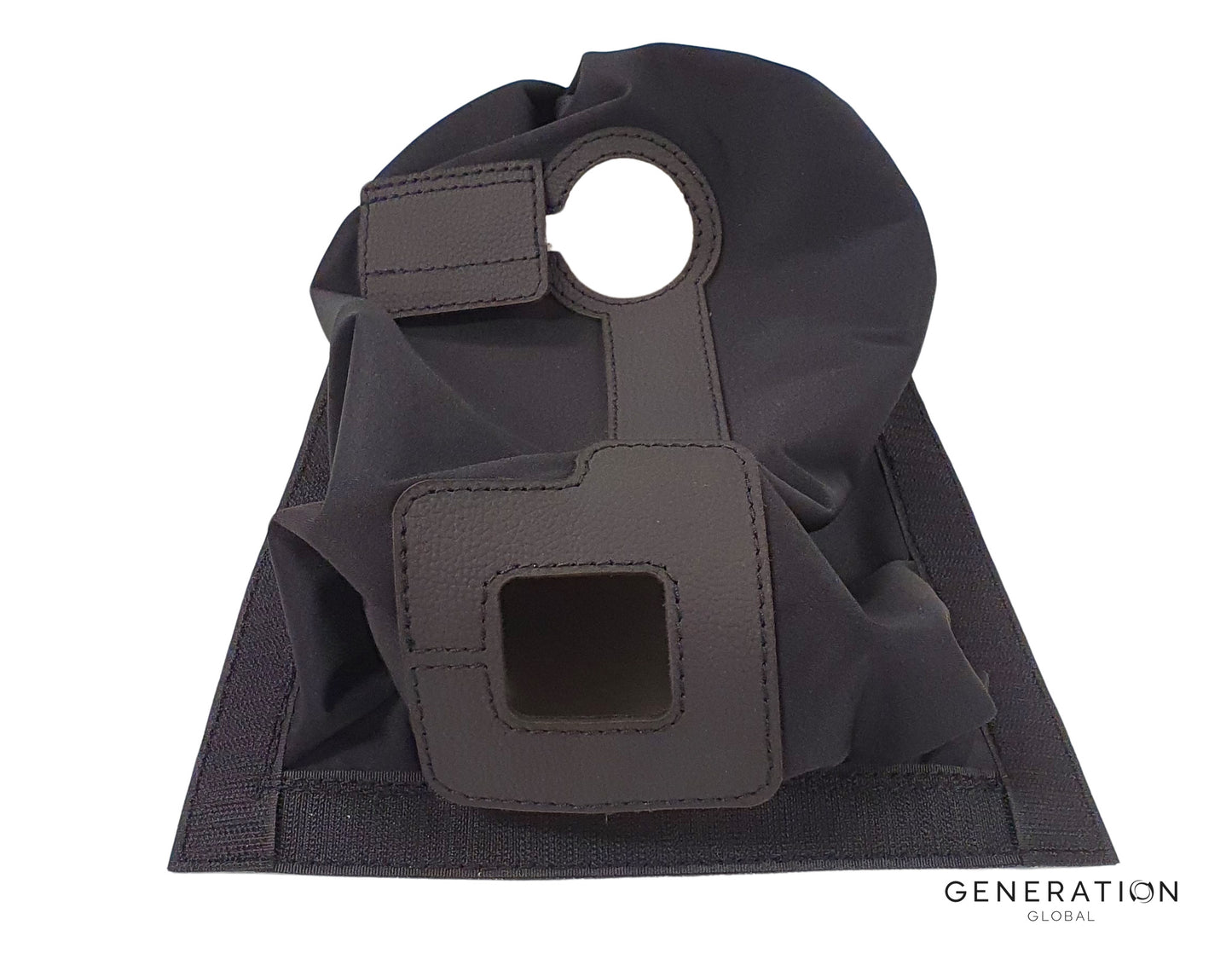 Pilot cyclic boot for MD/Hughes 369 and 500 helicopters with black stretch fabric, ABS surround, and leather‑reinforced holes.