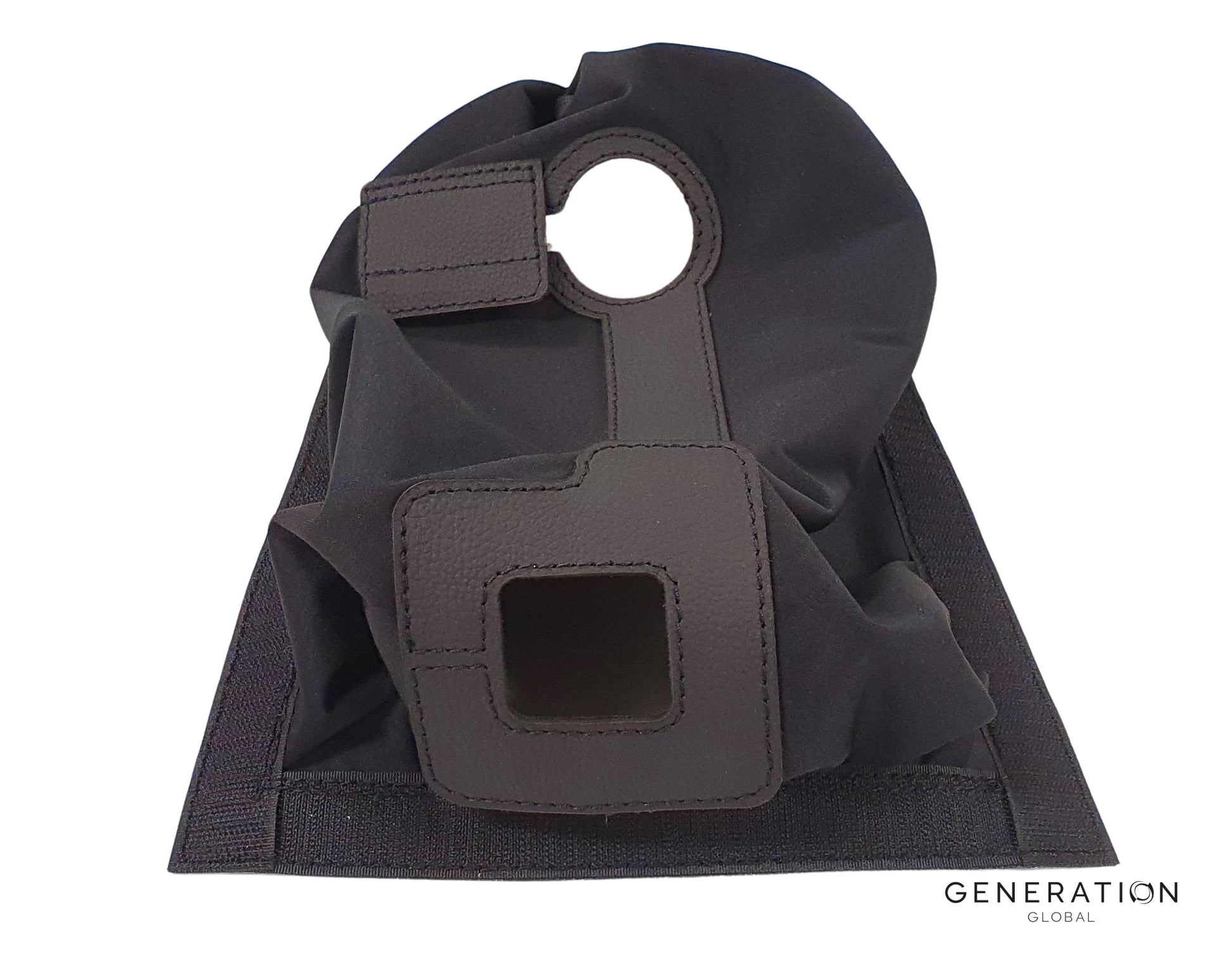 Pilot cyclic boot for MD/Hughes 369 and 500 helicopters with black stretch fabric, ABS surround, and leather‑reinforced holes.