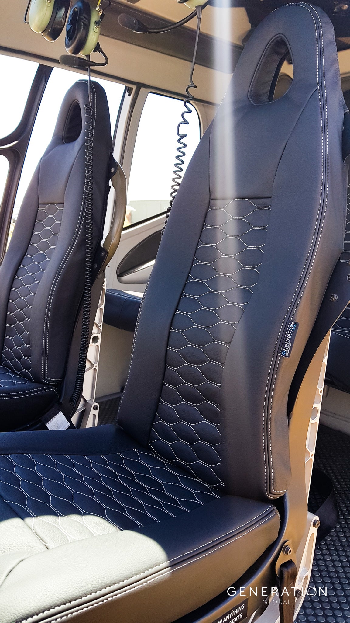 Airbus H120 helicopter crew seat backrest and bottom assembly with leather cover and Genlite foam cushion, compatible with Sicma Aero Seat.