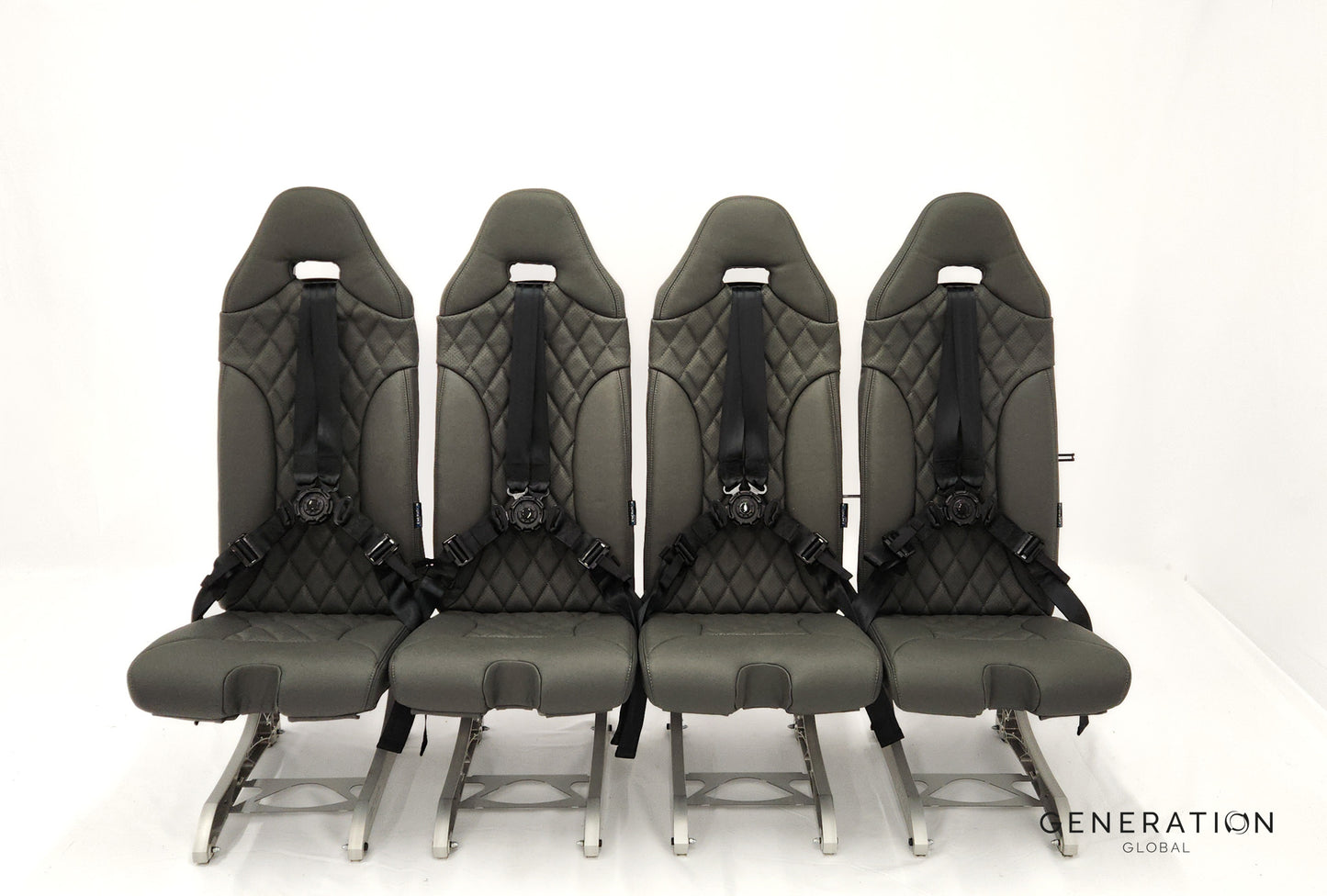 H130 helicopter seat assembly with leather-covered backrest and bottom cushions, Genlite foam, FAA and EASA approved.
