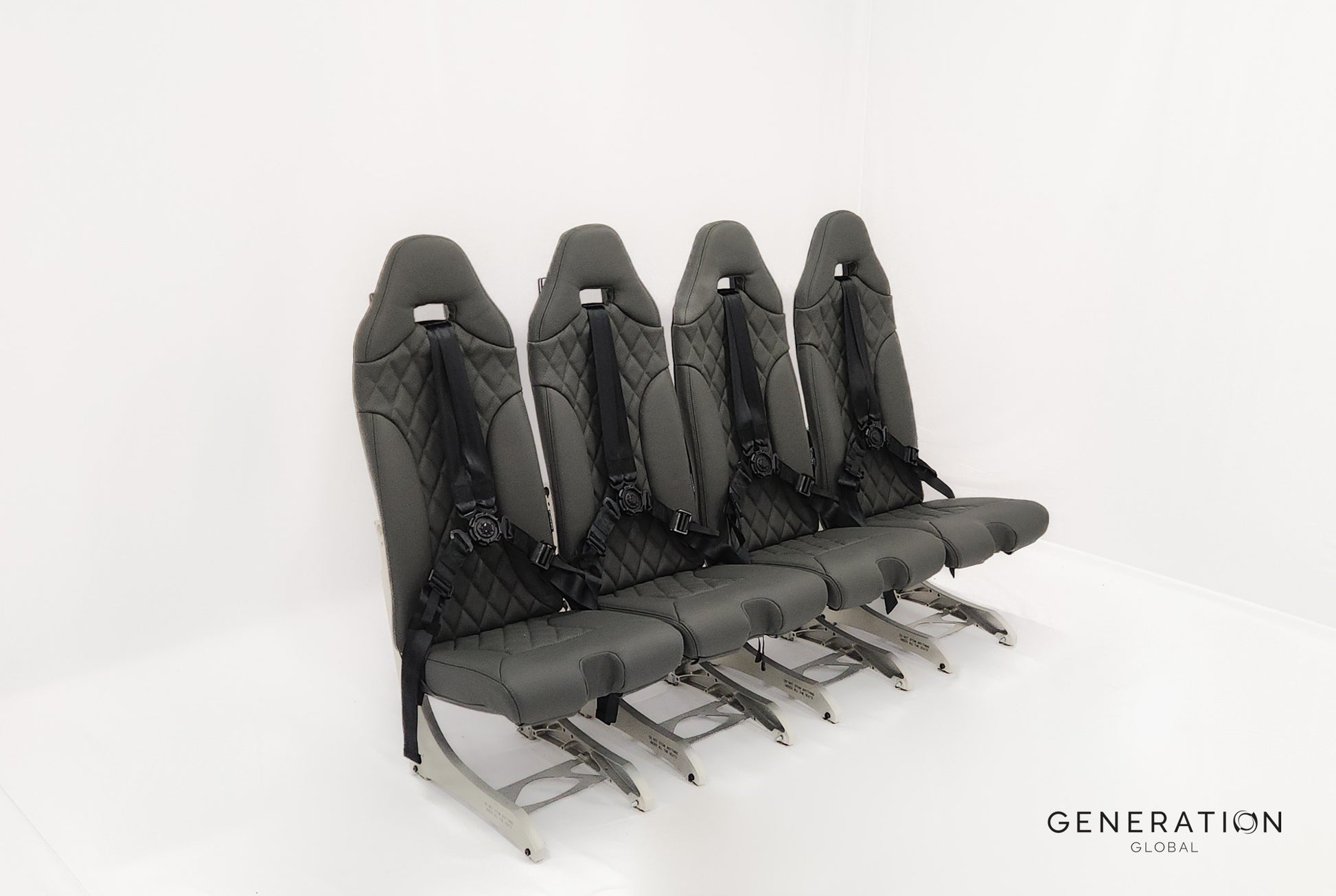 H130 helicopter seat assembly with leather-covered backrest and bottom cushions, Genlite foam, FAA and EASA approved.