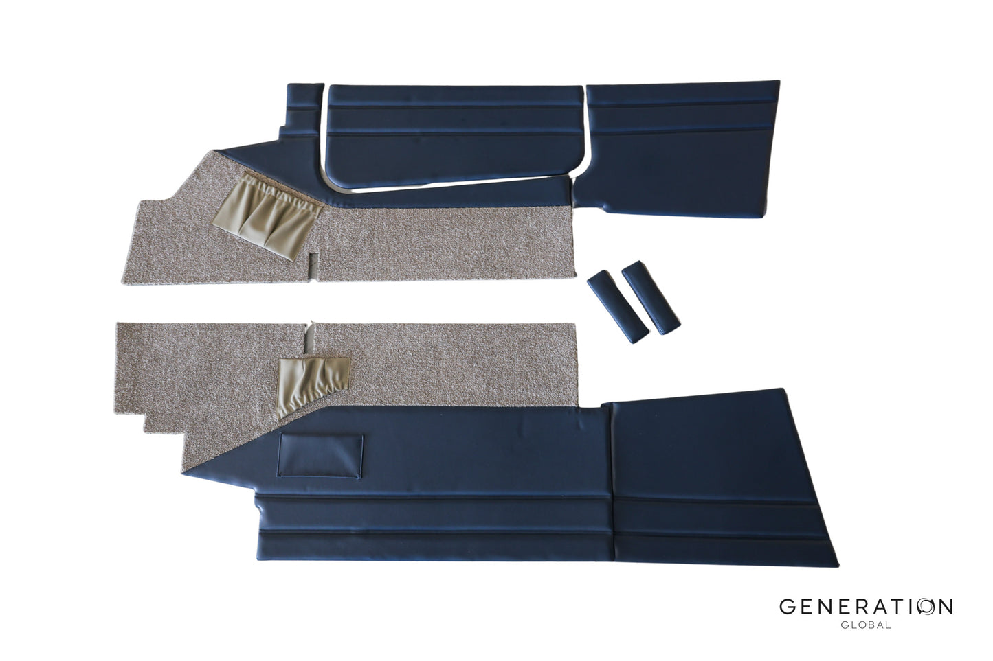 Piper PA-28-140 sidewall trim panel kit with aviation-grade vinyl, upholstered armrests and integrated storage pockets.