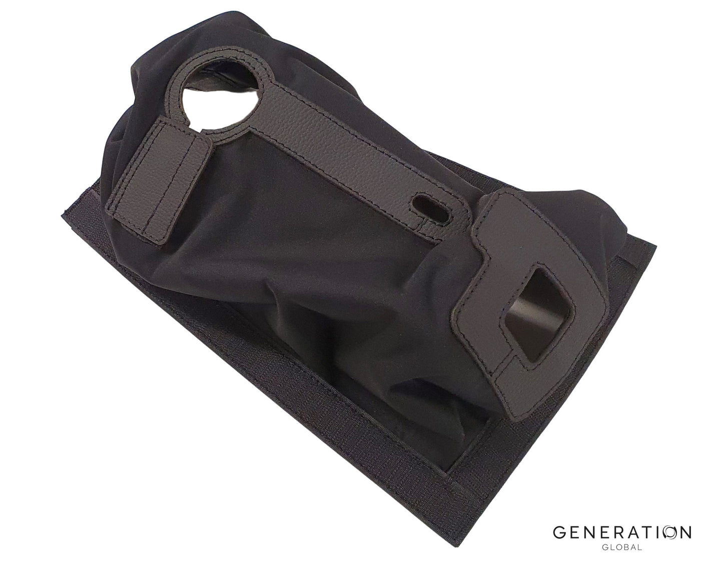 Pilot cyclic boot for MD/Hughes 369 and 500 helicopters with black stretch fabric, ABS surround, and leather‑reinforced holes.