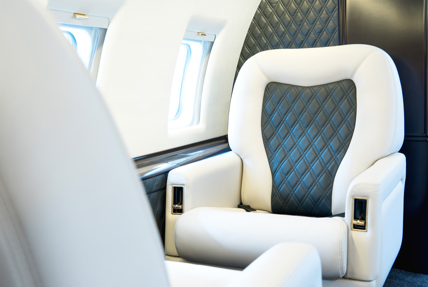 Luxurious VIP private jet cabin with bespoke leather seating