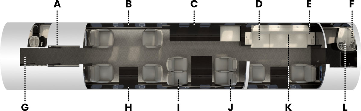 Custom-designed jet interior featuring premium materials and finishes
