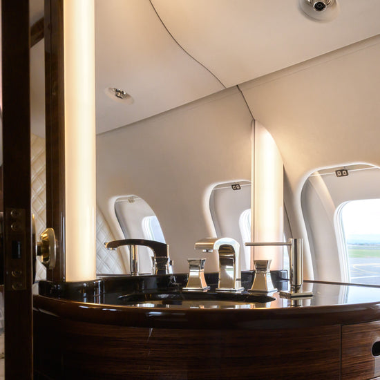 Custom-designed jet interior featuring premium mirrors