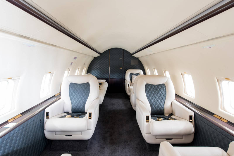 Custom-designed jet interior featuring Bombardier 604 aircraft interior