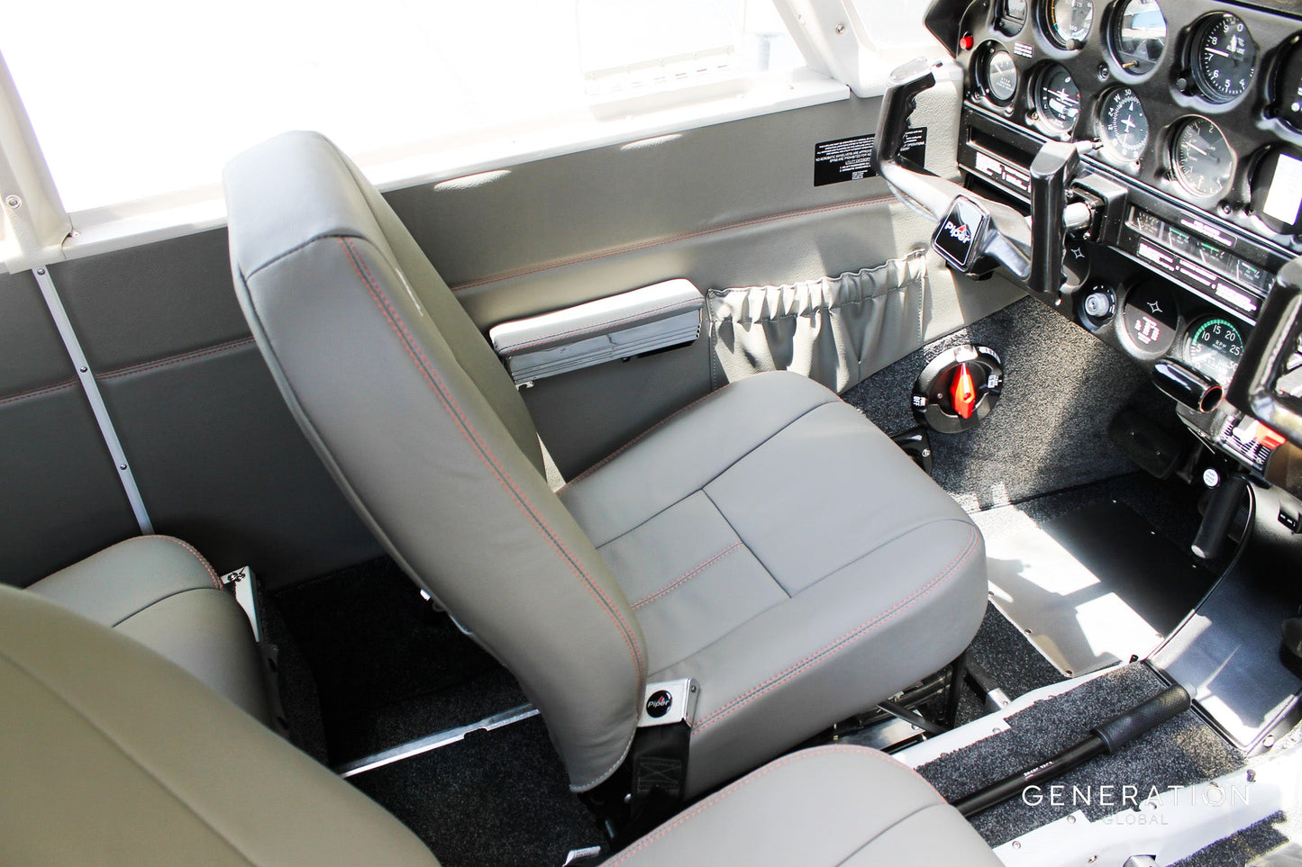 Complete Piper PA-28-140 replacement seat assembly including leather backrest covers, bottom covers, Genlite foam cushions and seat diaphragms.