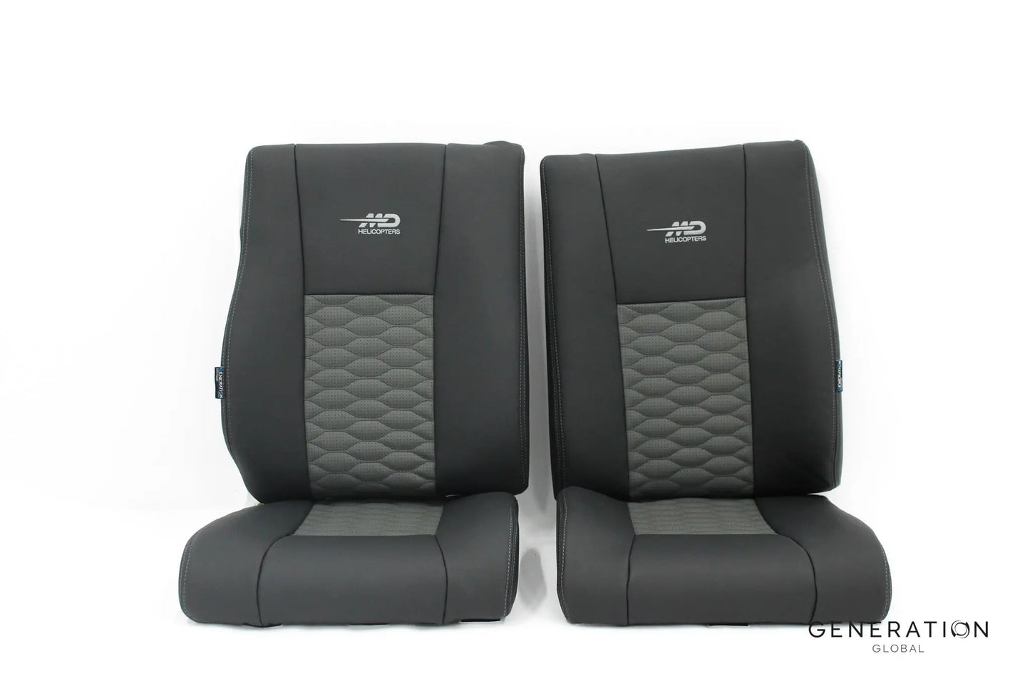 Set of 2 forward seat backrest and bottom assemblies (LH & RH) for MD/Hughes 369/500 helicopters, Generation I design.