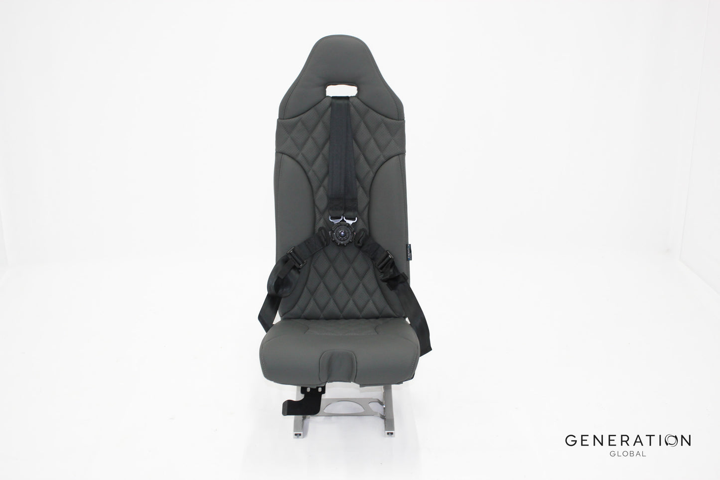 H130 helicopter seat assembly with leather-covered backrest and bottom cushions, Genlite foam, FAA and EASA approved.