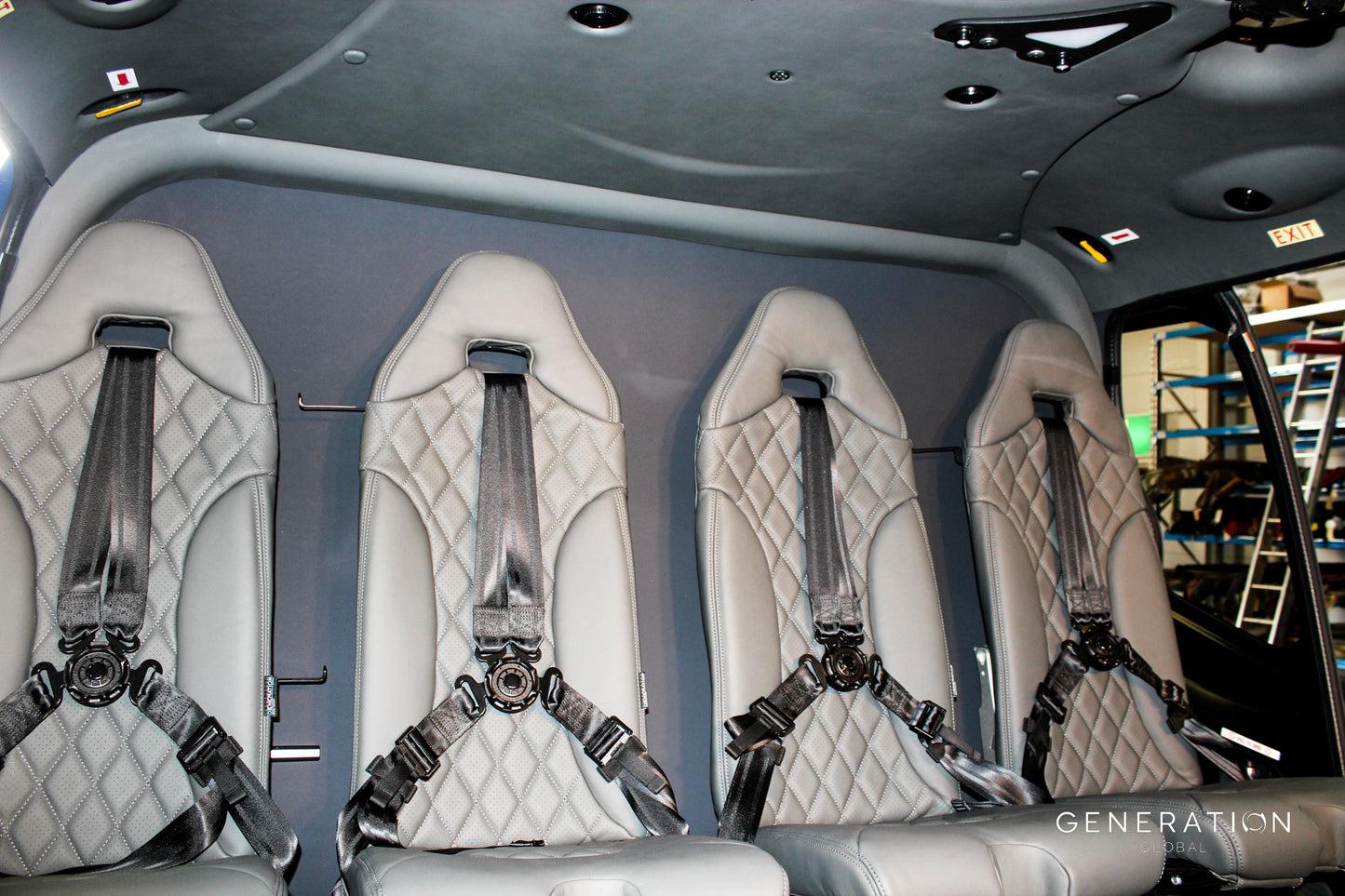 H130 helicopter seat assembly with leather-covered backrest and bottom cushions, Genlite foam, FAA and EASA approved.