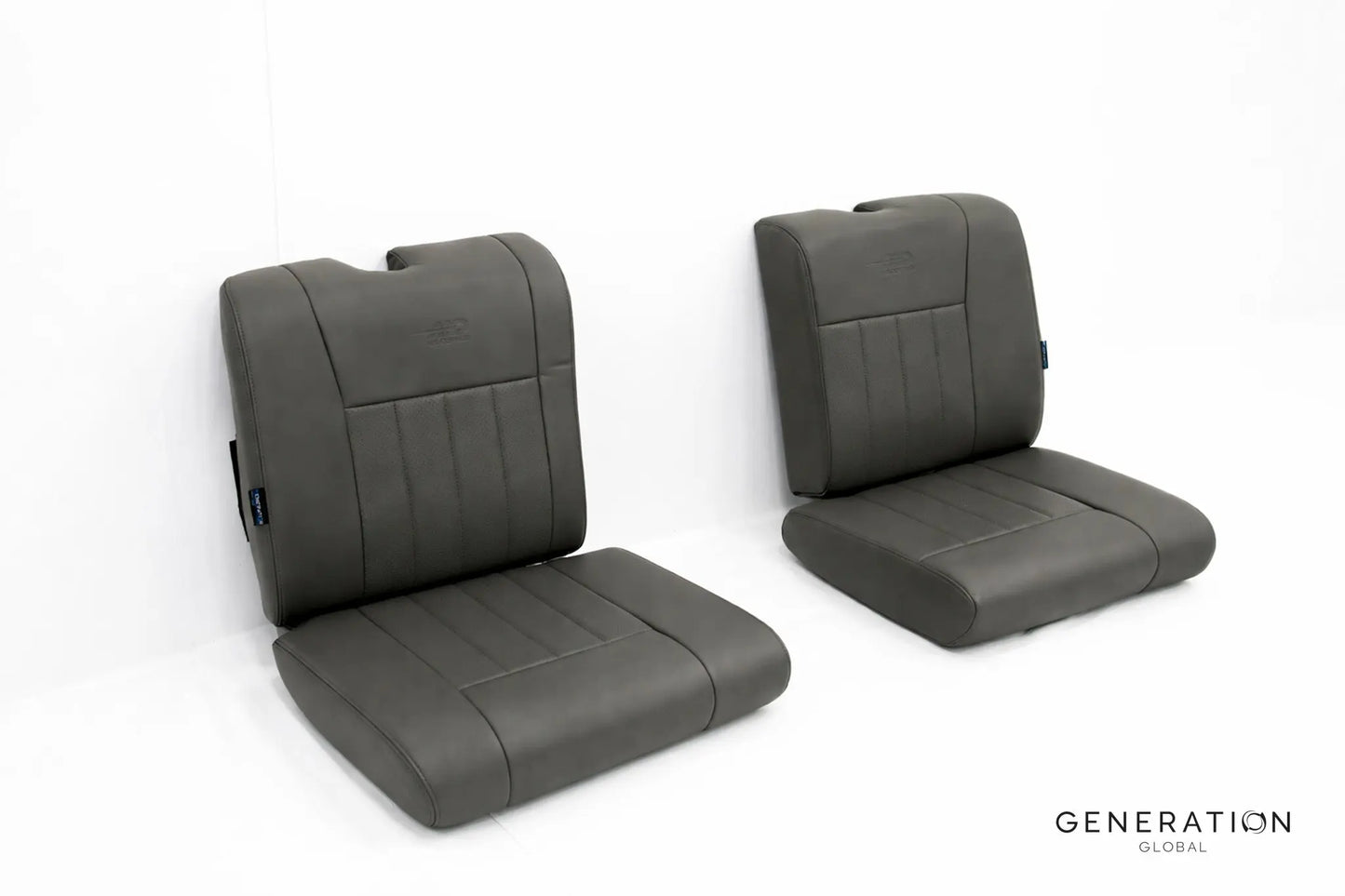 Set of 2 Generation I forward seat assemblies (LH and RH) for MD/Hughes 500E with aviation leather and composite backing.