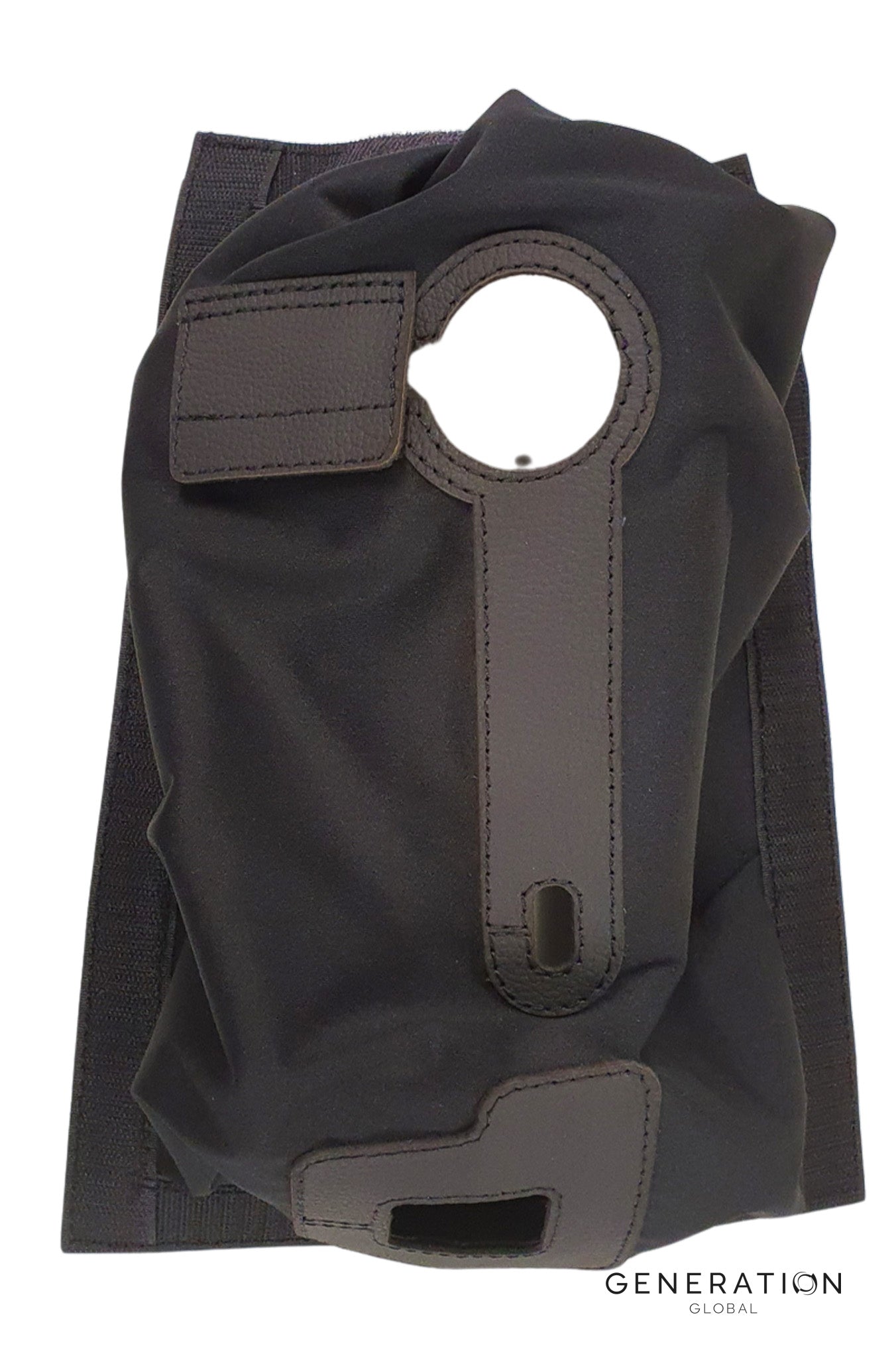 Pilot cyclic boot for MD/Hughes 369 and 500 helicopters with black stretch fabric, ABS surround, and leather‑reinforced holes.